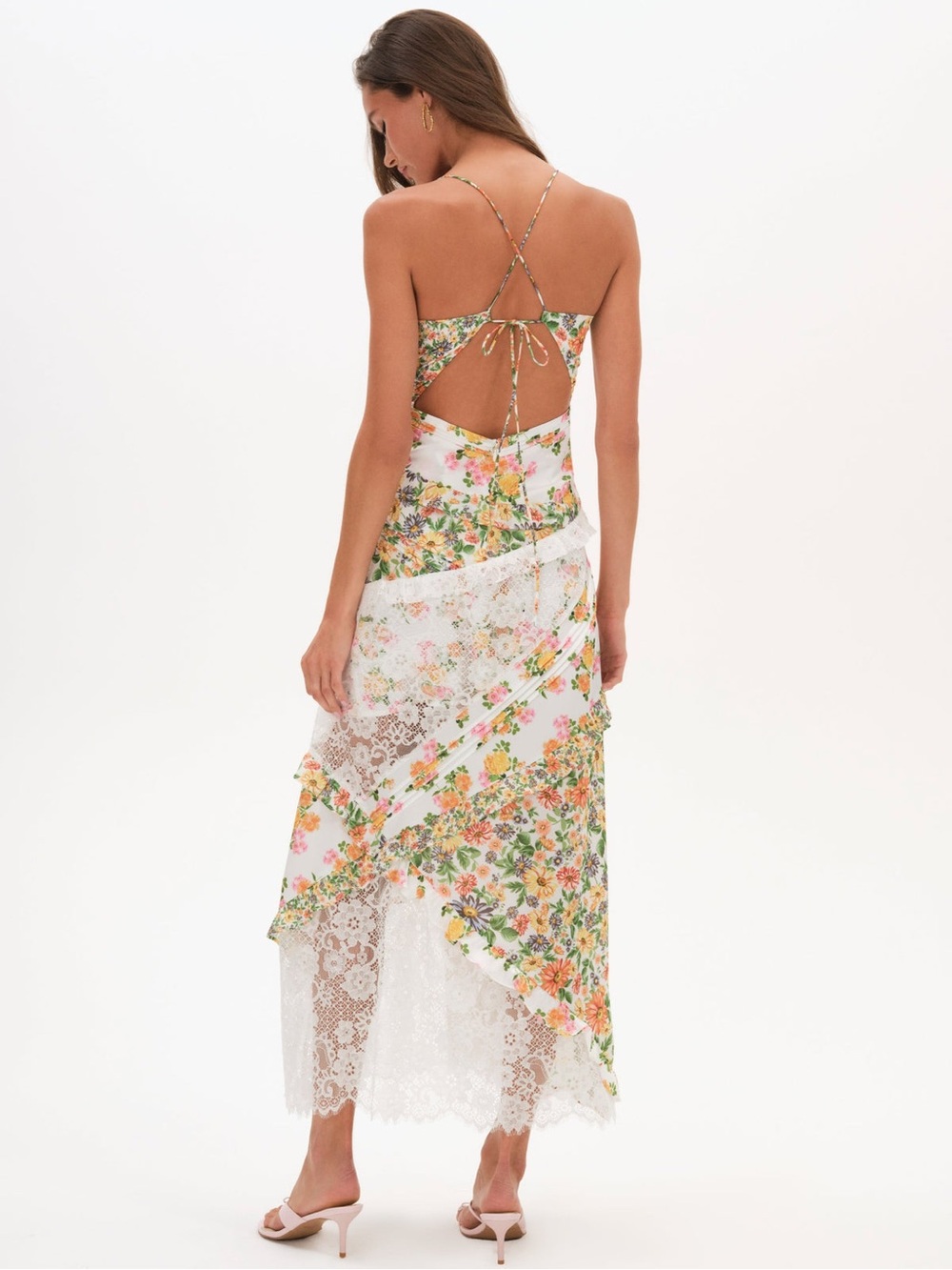 For Love & Lemons Rosalyn Marigold Floral Lace Patchwork Maxi Dress Medium - Picture 10 of 11